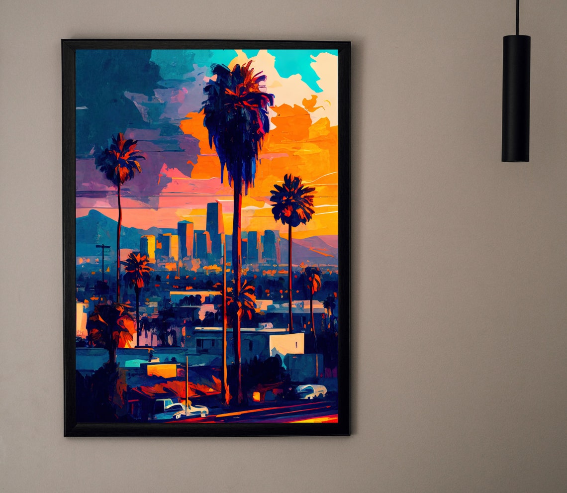 Los Angeles Downtown Palm Trees Fiery Sunset Skyline Art Poster - Image 4