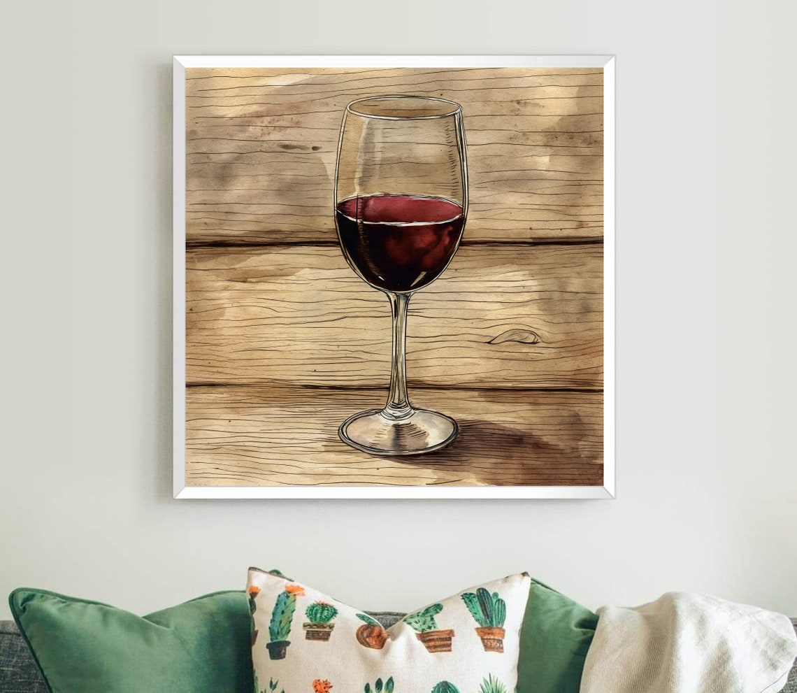 Glass Of Red Wine On Rustic Wood Kitchen Bar Decor Wall Print - Image 2