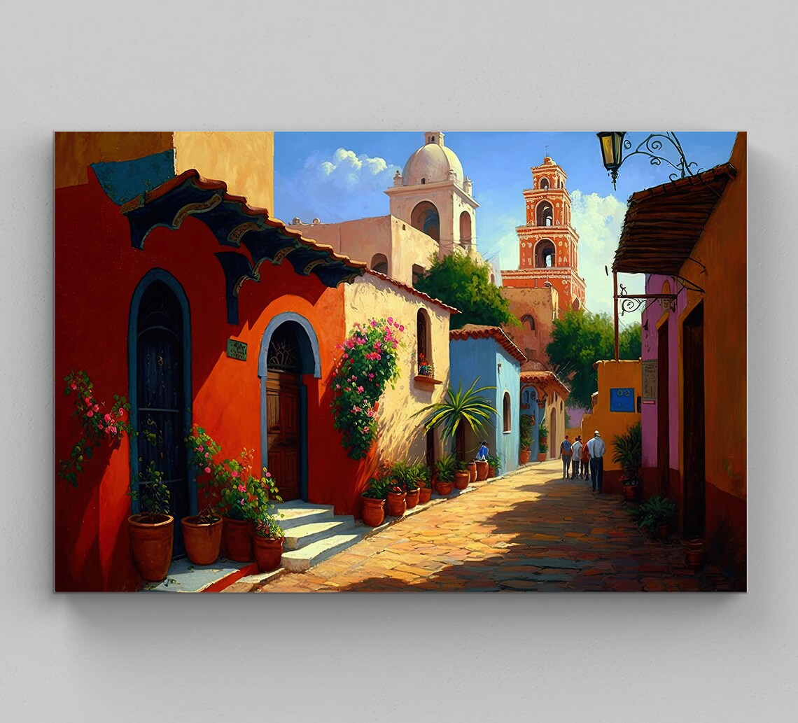 Mexican Village Scene, Colorful Traditional Art Print