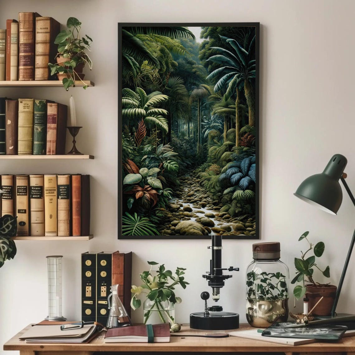 Dense Tropical Jungle Stream Lush Green Rainforest Painting Poster - Image 2