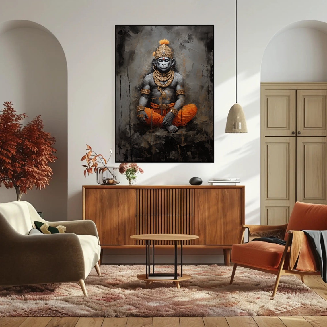 Lord Hanuman Meditating Hindu Deity Grey Gold Spiritual Poster - Image 5