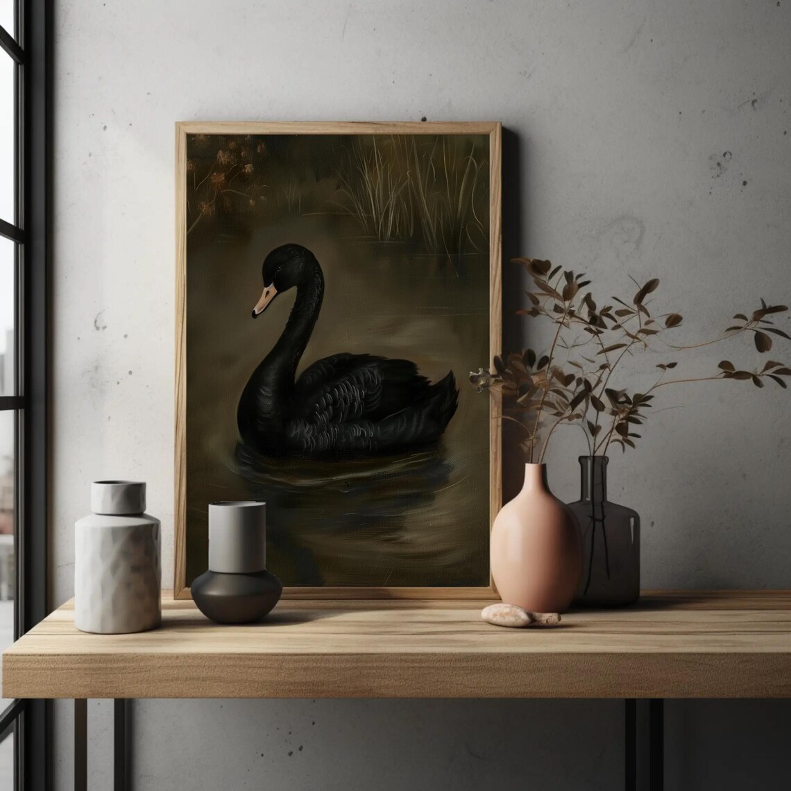 Solitary Black Swan Gliding On Dark Water Moody Oil Painting Poster - Image 2