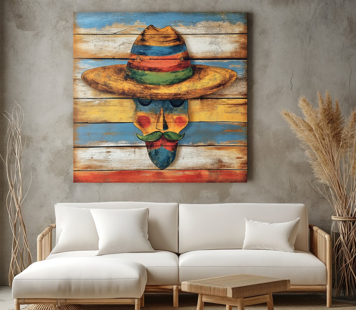 Mexican Folk Art Man with Striped Sombrero on Wood Wall Poster