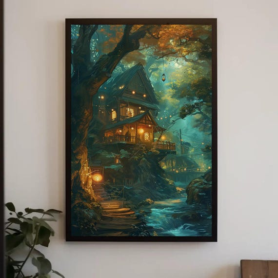 A House In A Magical Forest Fantasy Wall Art Spiritual Forest Framed Poster Print Lanterns And Trees Ready To Hang