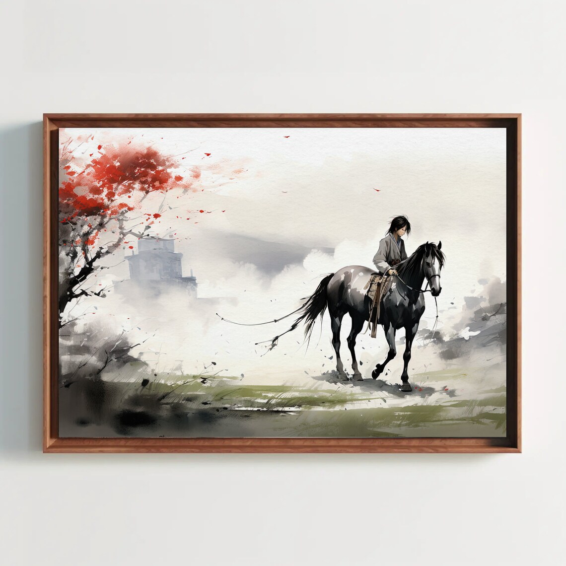 East Asian Ink Wash Horse Rider Crossing Misty Mountains Poster