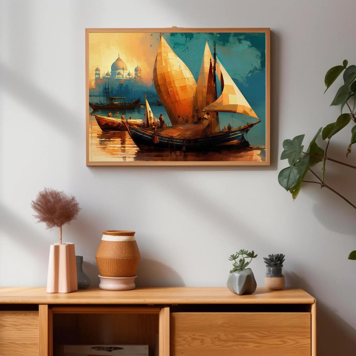 Traditional Indian Sailboats at Sunset on a Wide River Poster - Image 5