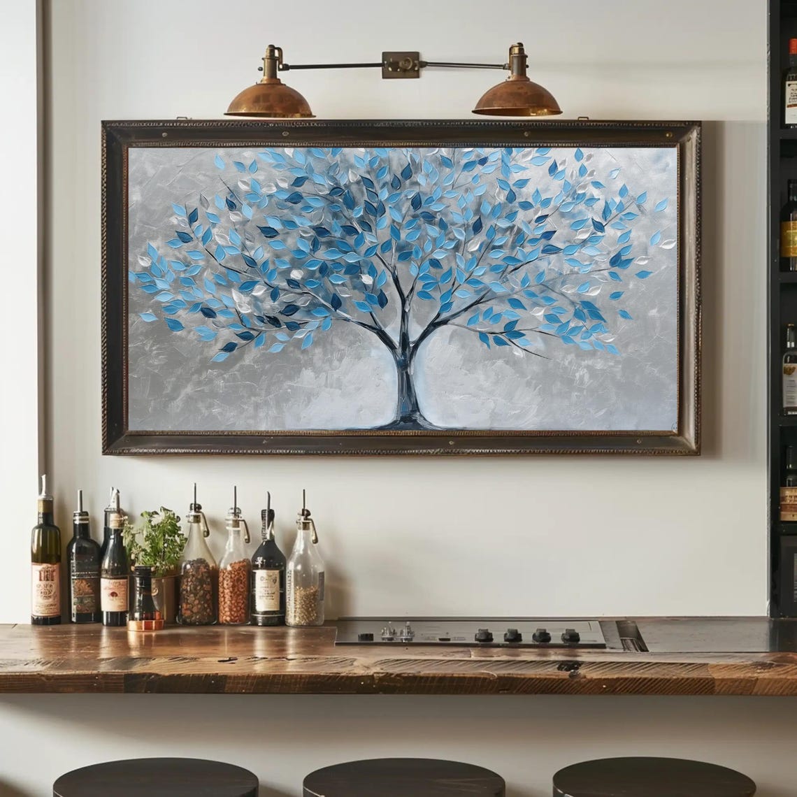 Blue Tree of Life Shimmering Leaves Silver Background Panoramic Poster