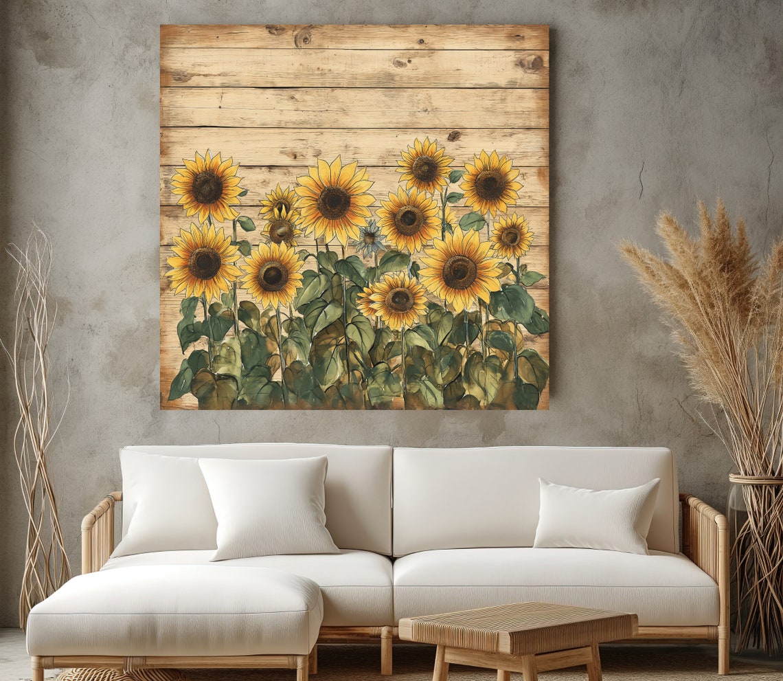 Sunflower Field Blooming On Rustic Wood Summer Floral Wall Poster