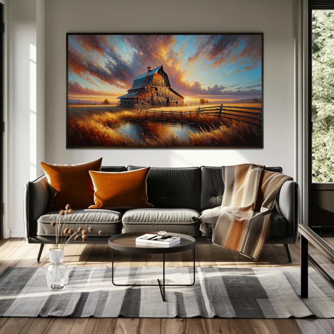 Weathered Barn At Sunset Pond Golden Dusk Landscape Painting Poster - Image 5