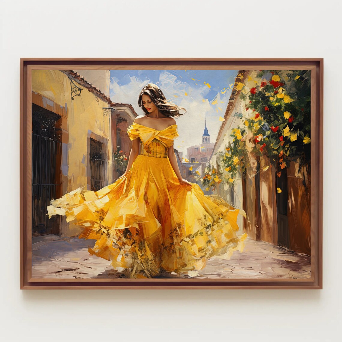 Woman in Yellow Dress on Mexican Street Flower Alley Scene Poster - Image 5