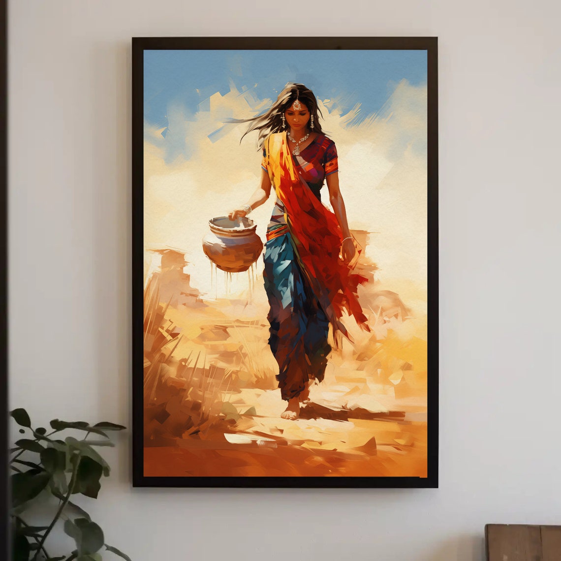 Indian Woman Carrying Clay Pot Traditional Desert Walk Poster