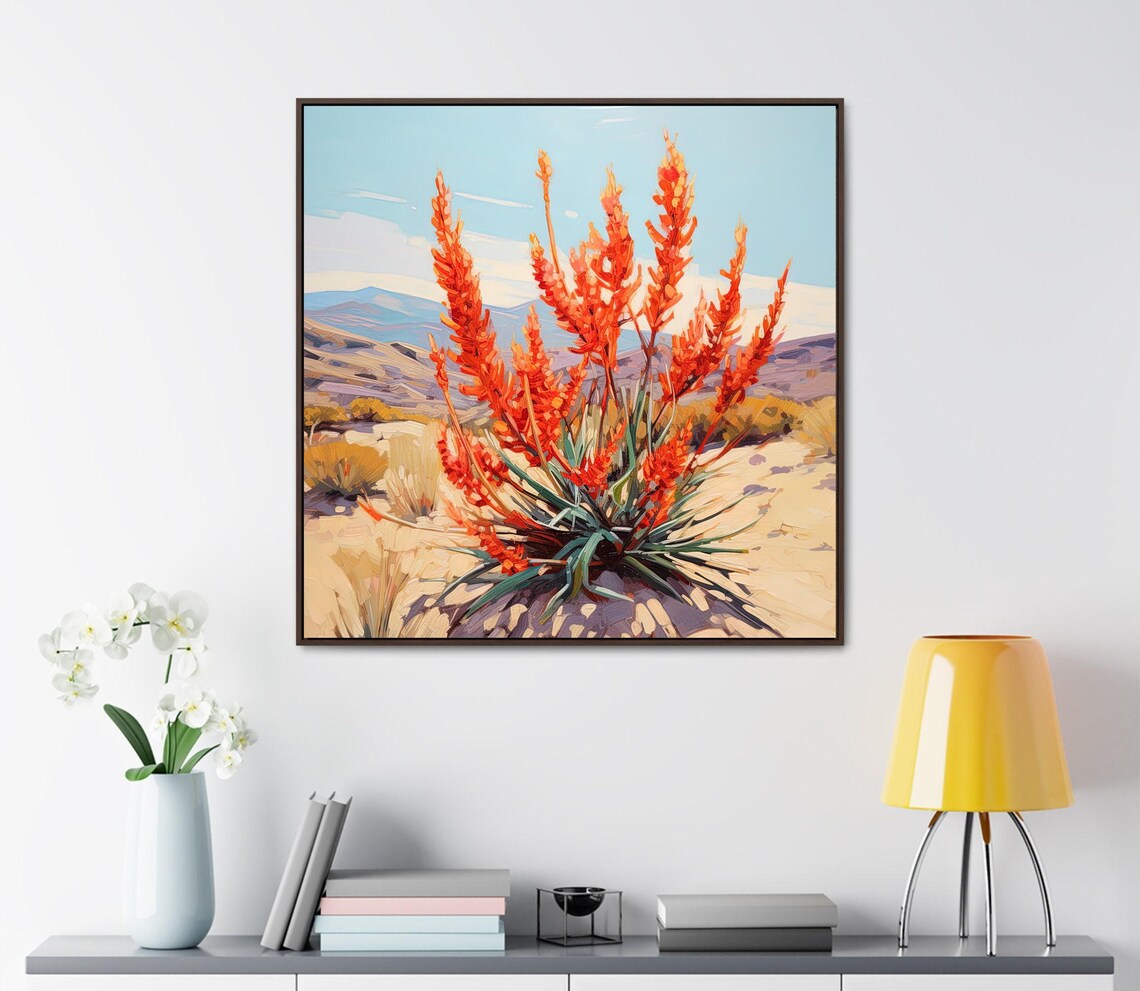 Red Ocotillo Blooms in Desert Valley With Mountain View Art Poster - Image 3