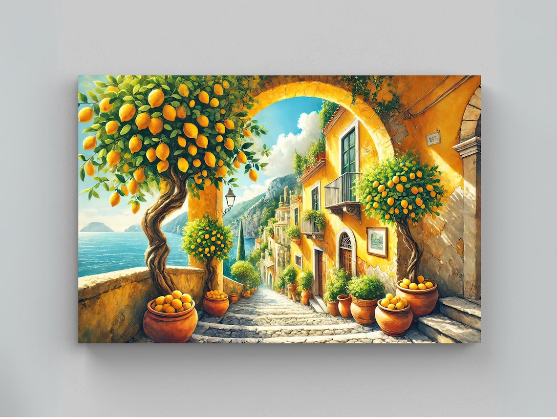 Sunny Amalfi Lemon Tree Street Arch Italian Coastal Summer Poster