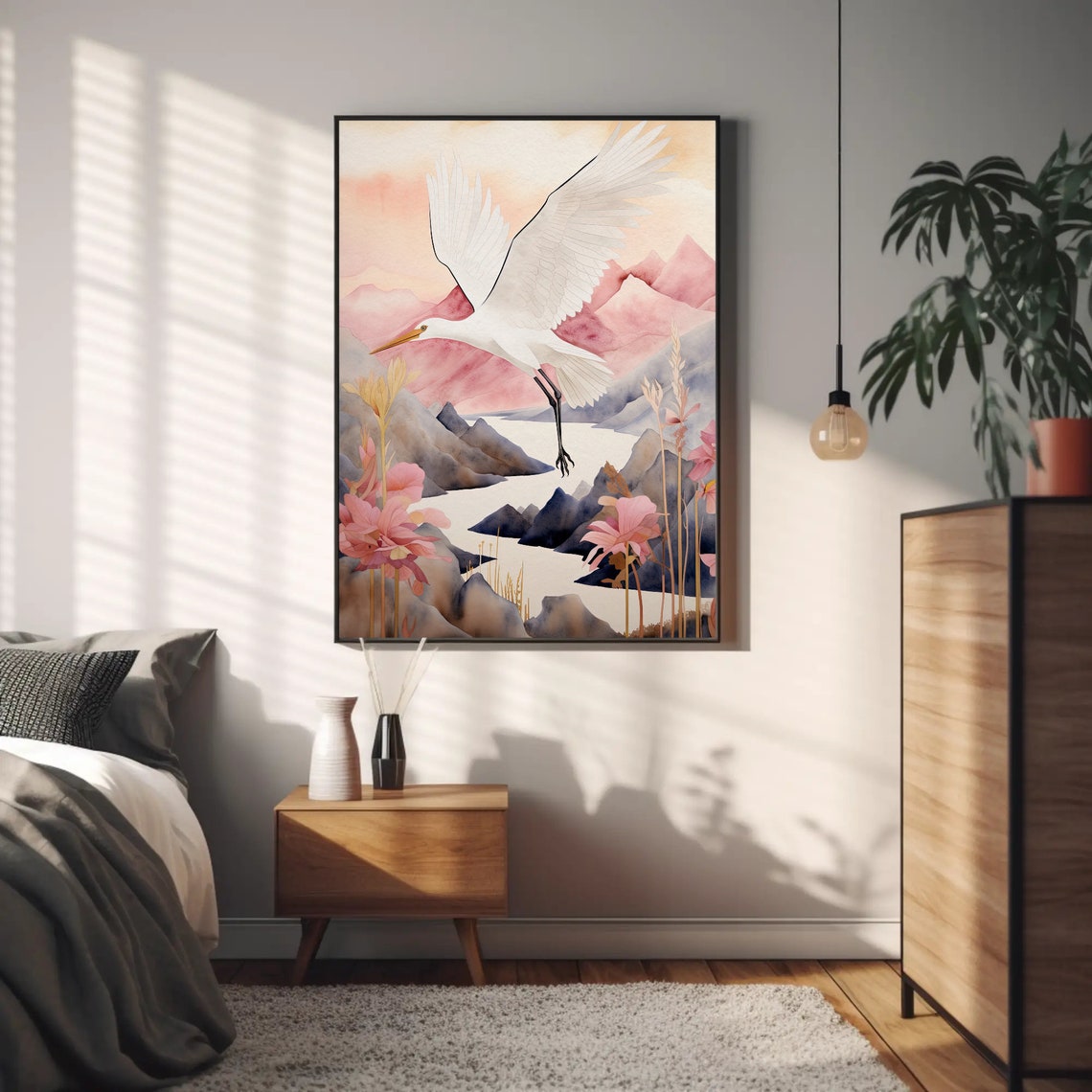White Crane Flying Over Pink Mountains Lotus Watercolor Poster - Image 4