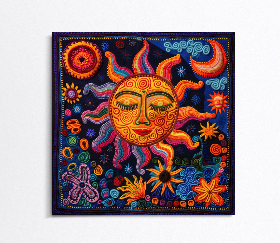 Smiling Sun Face Huichol Yarn Art Poster on Midnight Blue Background - Image 2
