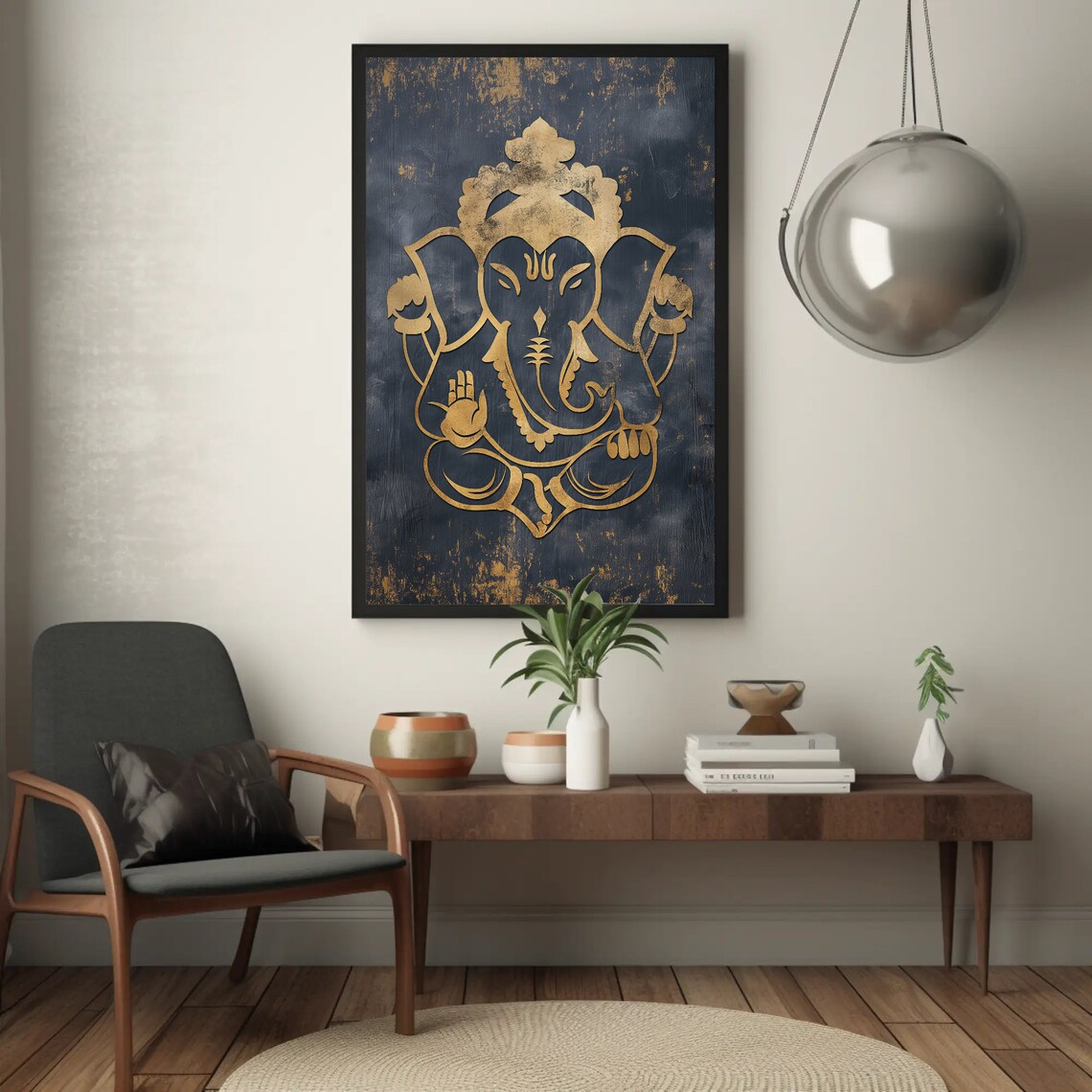 Gold Line Lord Ganesha On Dark Navy Ground Spiritual Wall Poster - Image 4