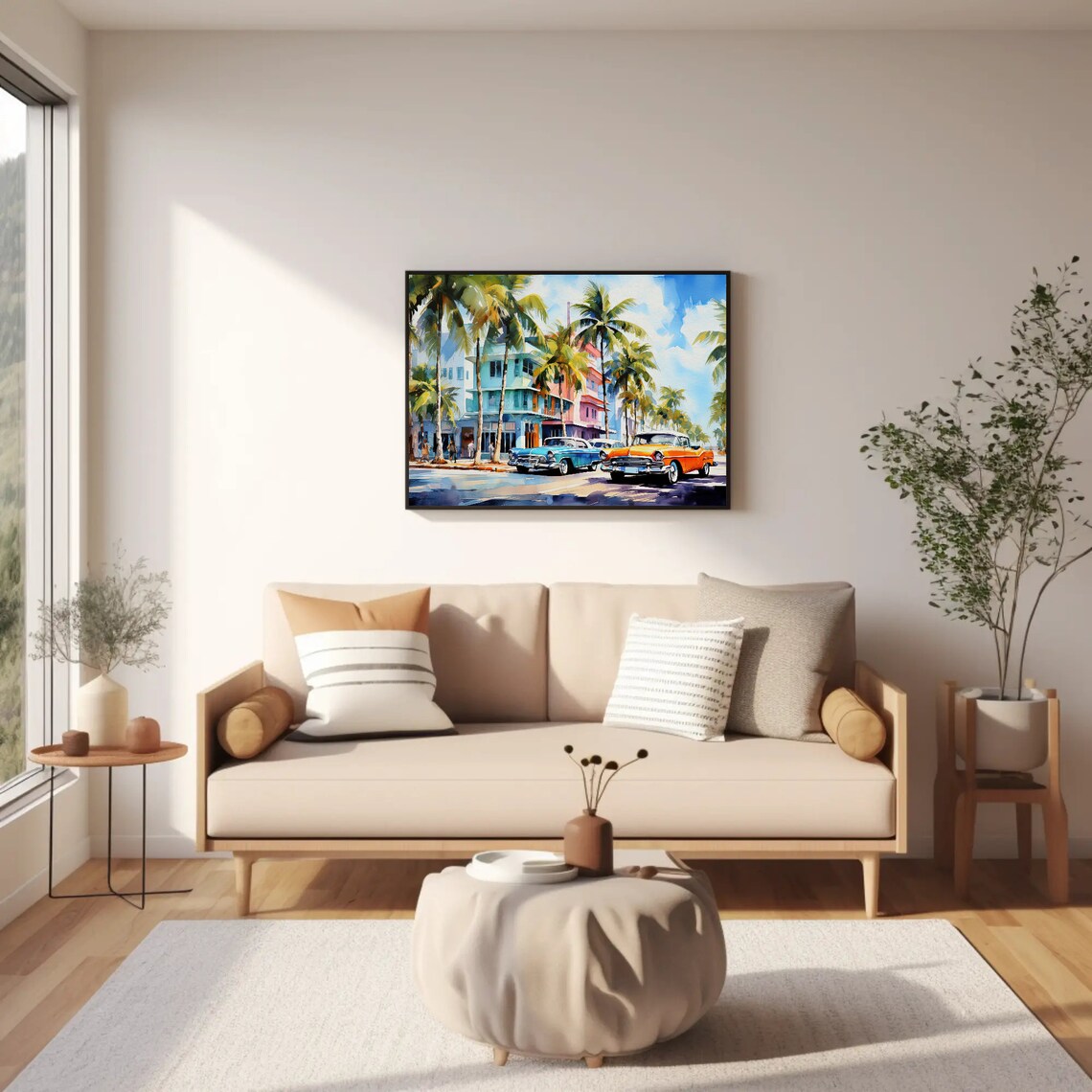 Miami Art Deco Street Watercolor With Classic Cars Scene Poster - Image 2