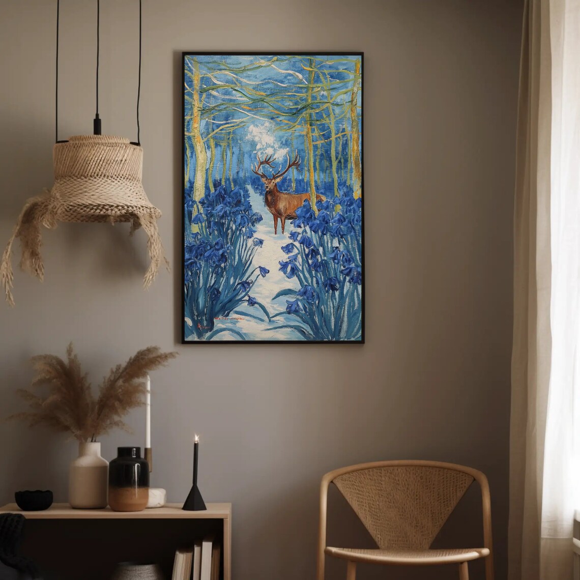 Stag Deer In Blue Snowy Forest Winter Woodland Oil Painting Poster - Image 4