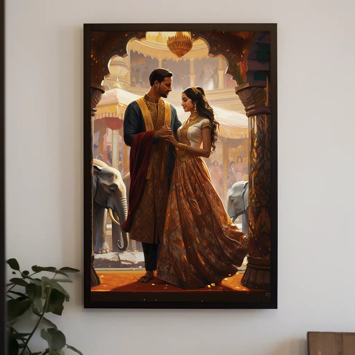 Indian Wedding Couple at Palace with Elephants Romantic Art Print