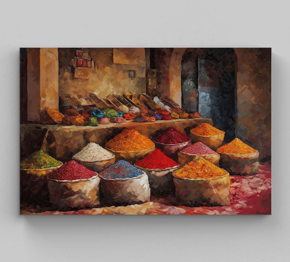 Spice Market Oil Painting Vibrant Sacks of Spices Kitchen Poster