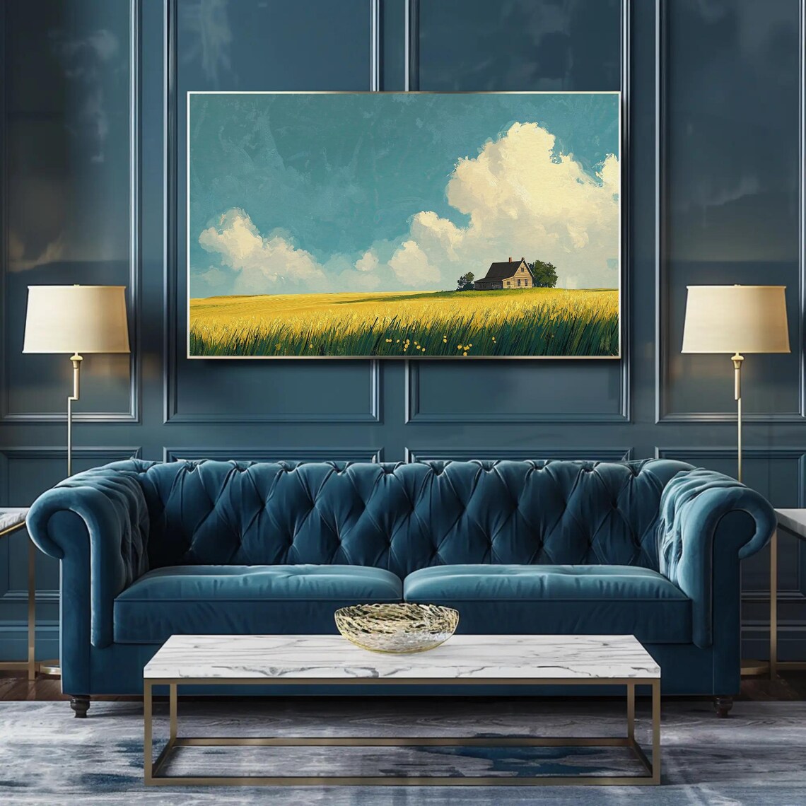 Farmhouse On A Hill Under A Big Blue Sky Golden Field Poster - Image 3