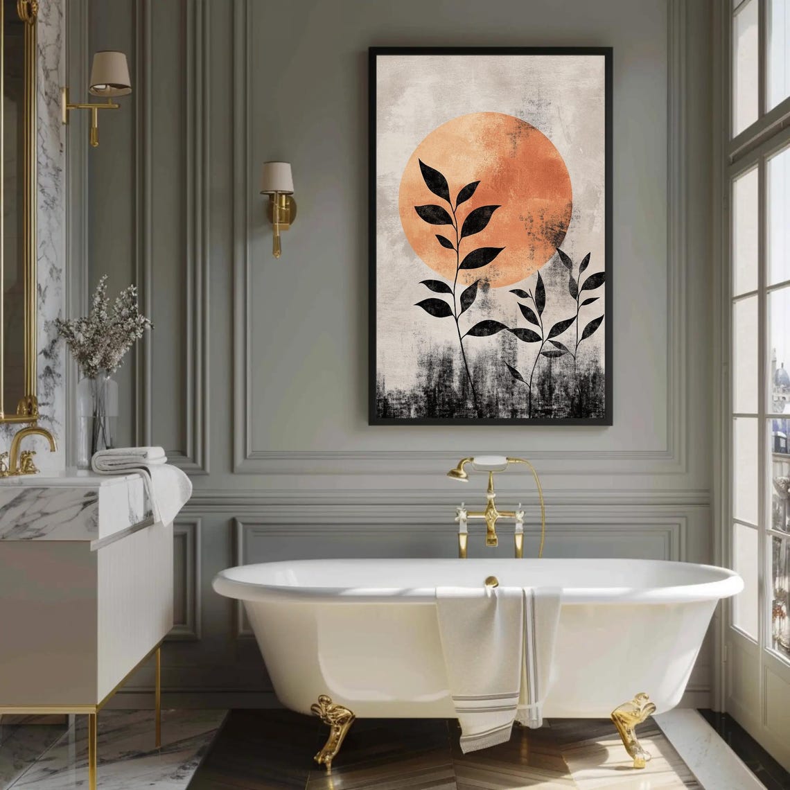 Mid Century Modern Orange Sun And Black Leaves Abstract Art Poster - Image 2