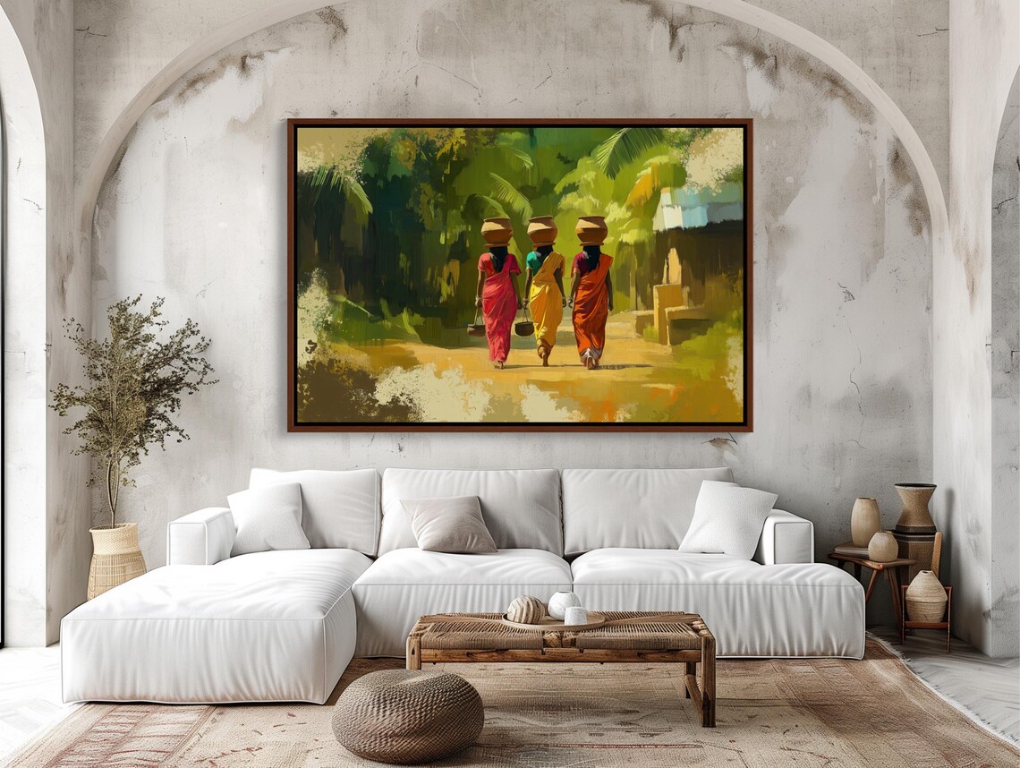 Three Village Women in Sarees Carrying Pots Abstract Art Poster - Image 2