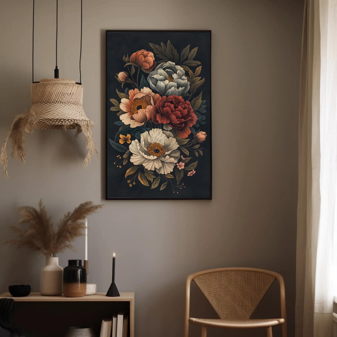 Dark Moody Peonies Vintage Botanical Black Background Floral Wall Art - Image 3