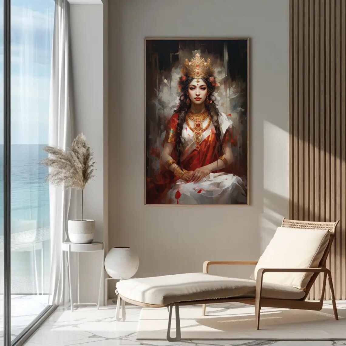Goddess Lakshmi Portrait Red Sari Golden Crown Divine Wall Poster - Image 2