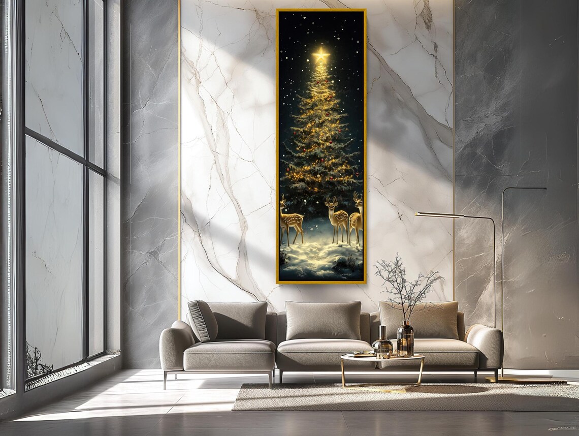 Golden Christmas Tree and Deer Holiday Art Print - Image 3