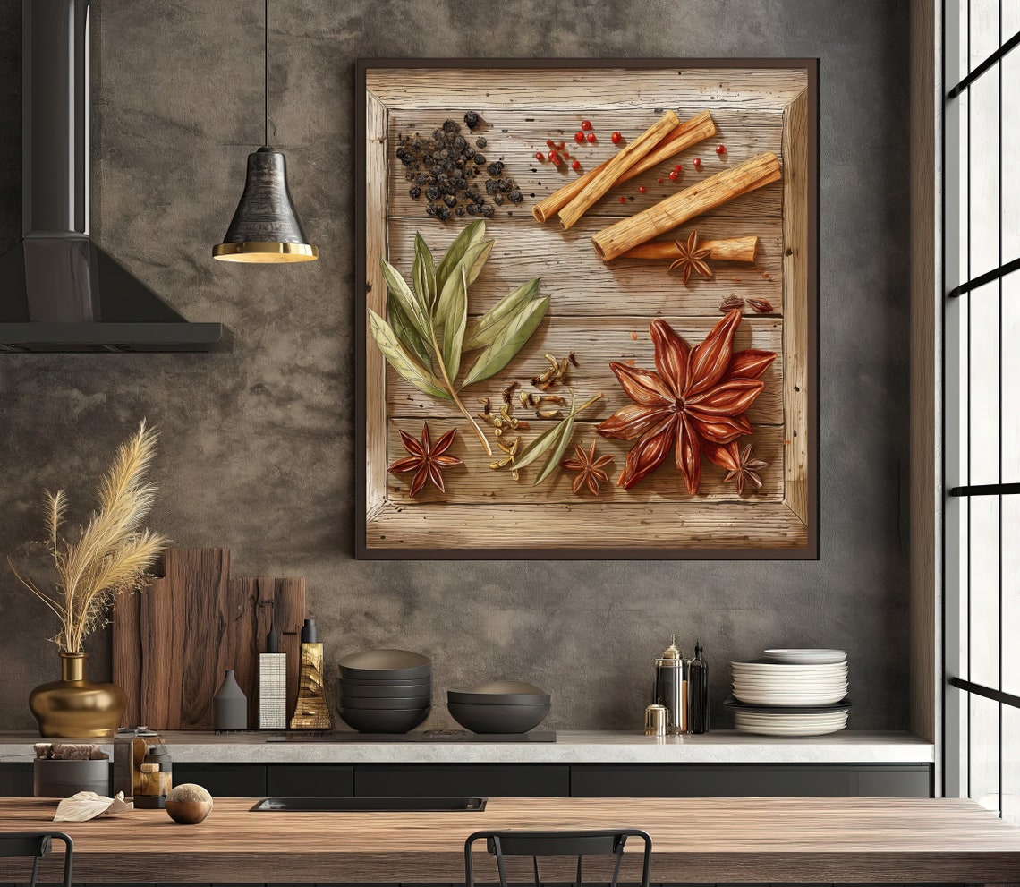 Whole Spices Star Anise Cinnamon On Rustic Wood Kitchen Wall Print