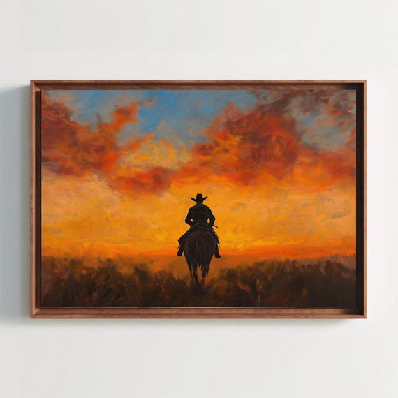 Cowboy Riding At Sunset Print Western Landscape Painting Rustic Country Wall Art For Living Room Or Office Decor