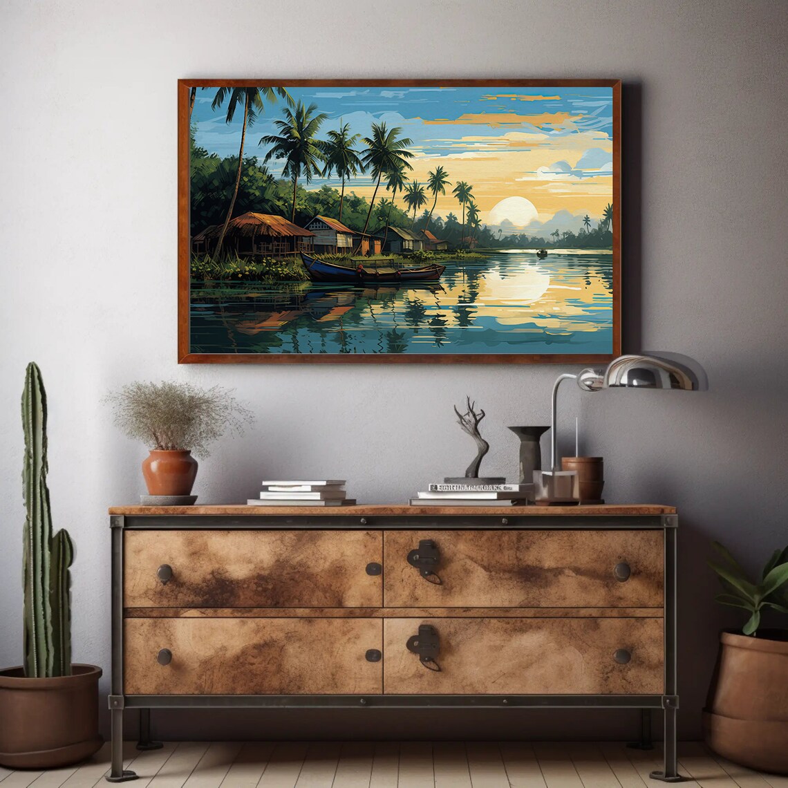 Kerala Backwaters at Sunrise with Boats and Palm Trees Poster - Image 2