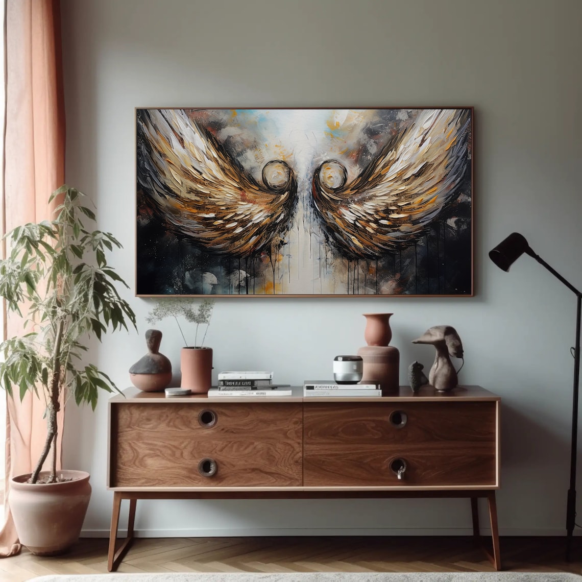 Golden Angel Wings Abstract Oil Painting Spiritual Decor Poster