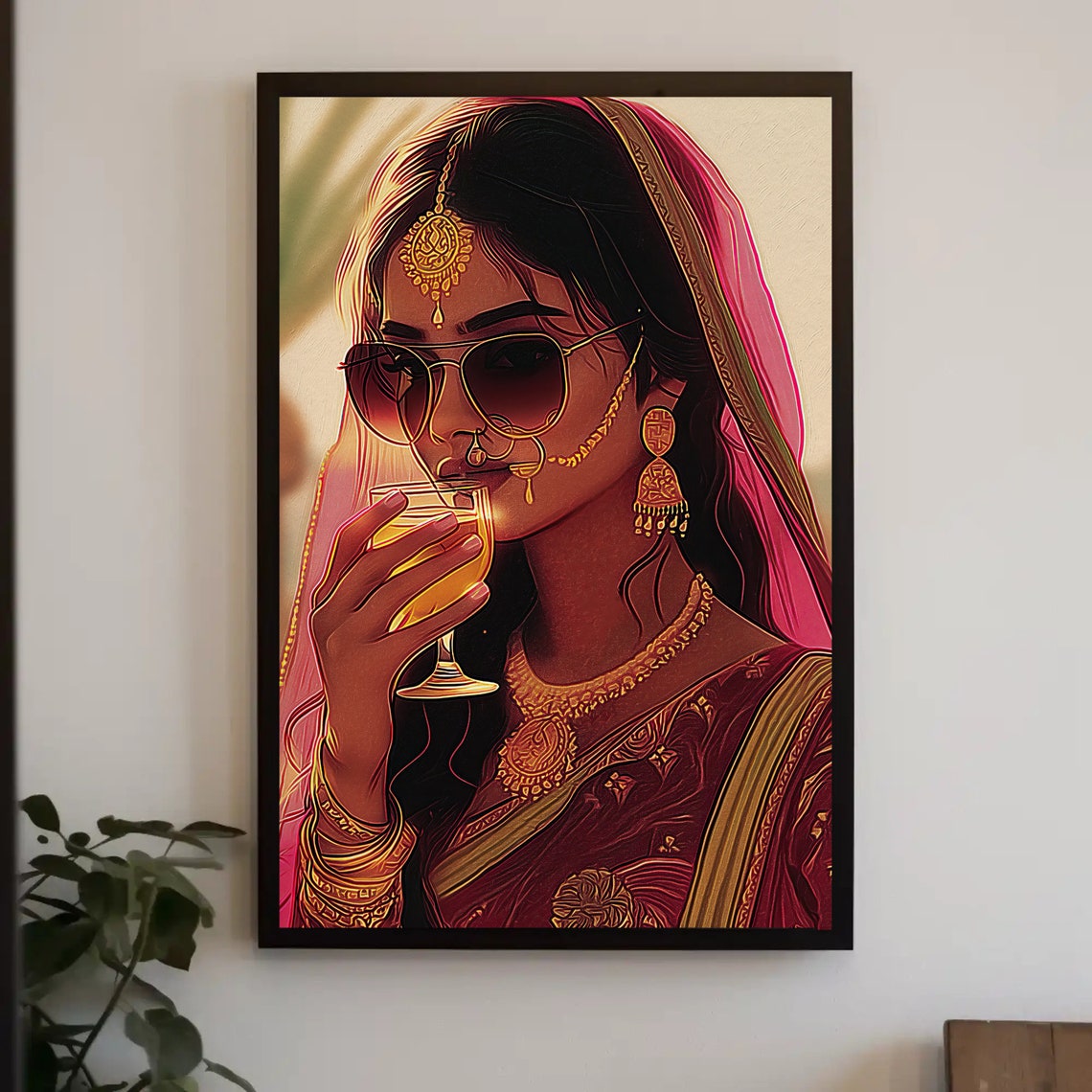 Modern Indian Woman Drinking Wine Bold Desi Illustration Poster