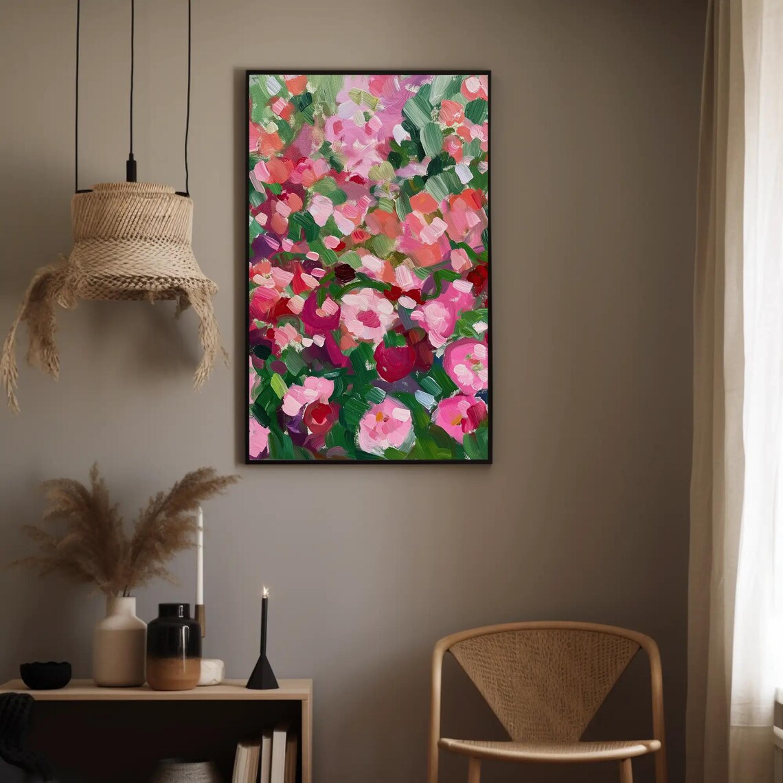 Pink Roses Abstract Impasto Garden Floral Brushwork Painting Wall Art - Image 5