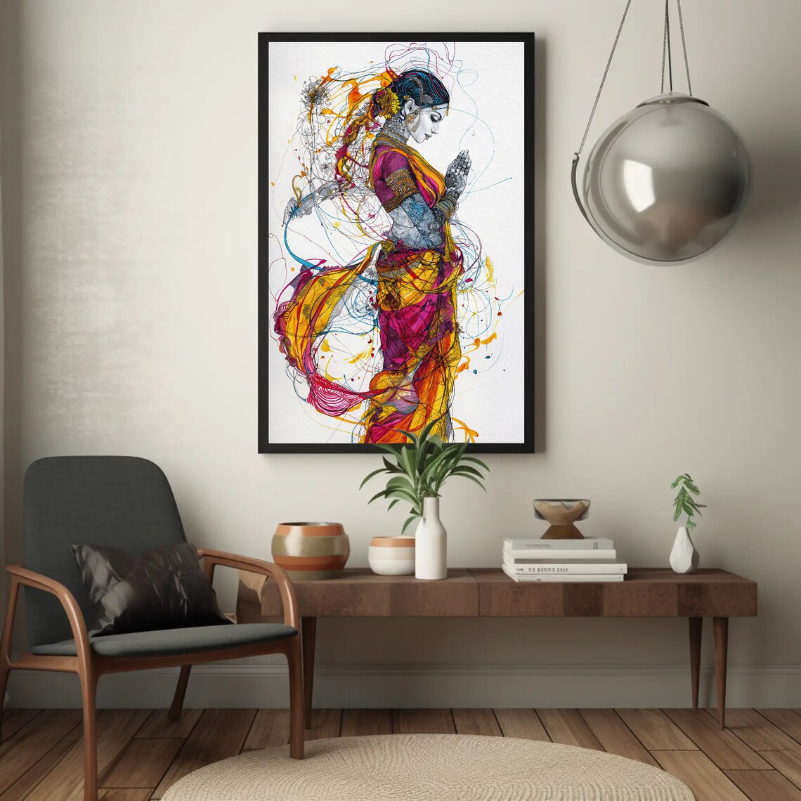 Indian Woman in Namaste Greeting Pose Abstract Line Art Poster - Image 5