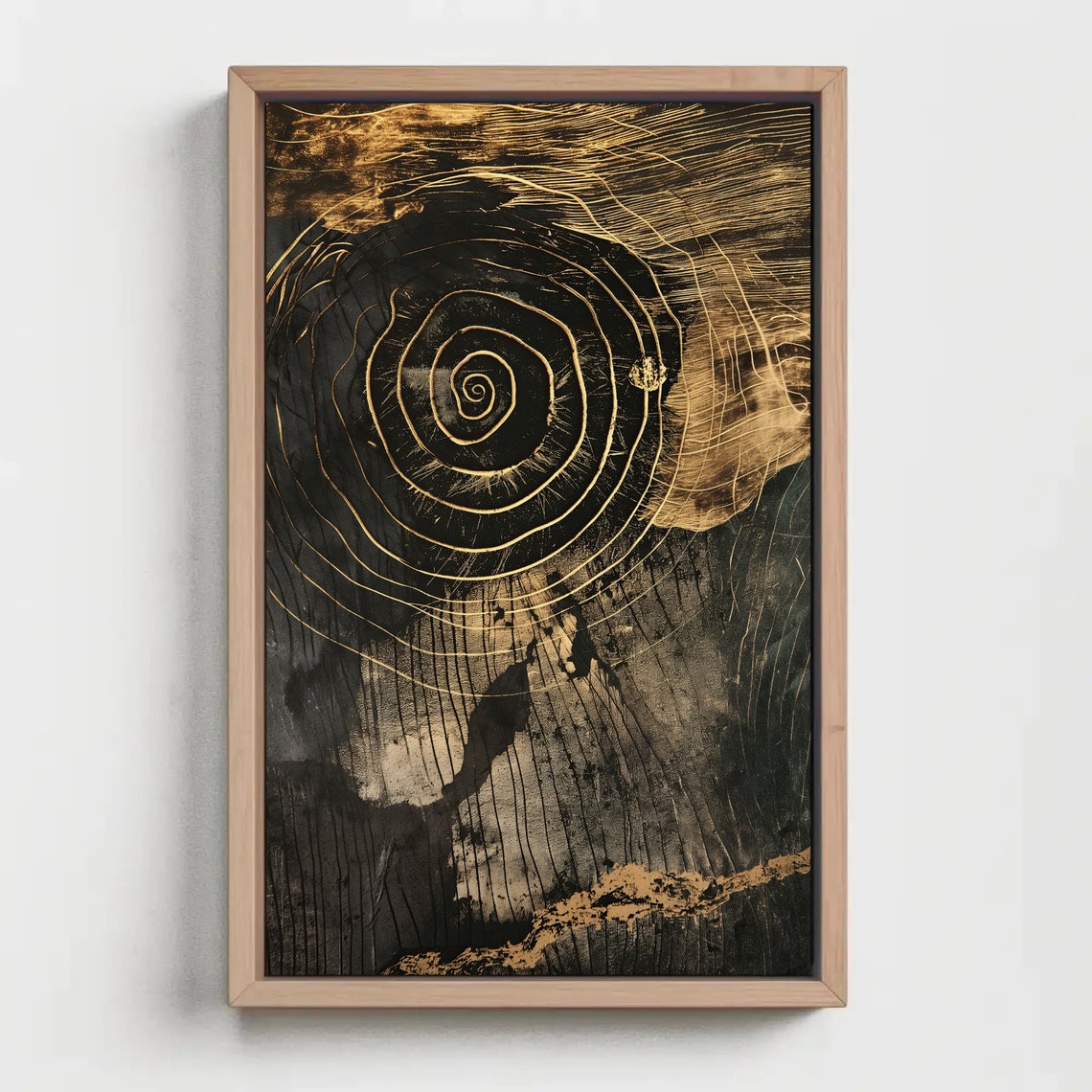 Black and Gold Tree Ring Spiral Abstract Poster Modern Decor