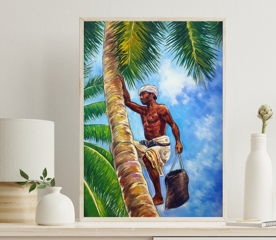 Kerala Toddy Collector Climbing a Tall Coconut Palm Tree Poster
