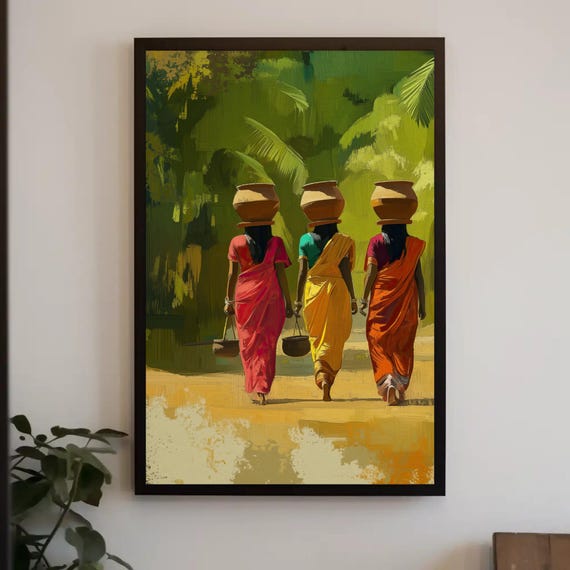 Indian Village Women Carrying Pots Print Traditional Indian Women In Sarees Cultural Vertical Wall Art Indian Heritage Painting