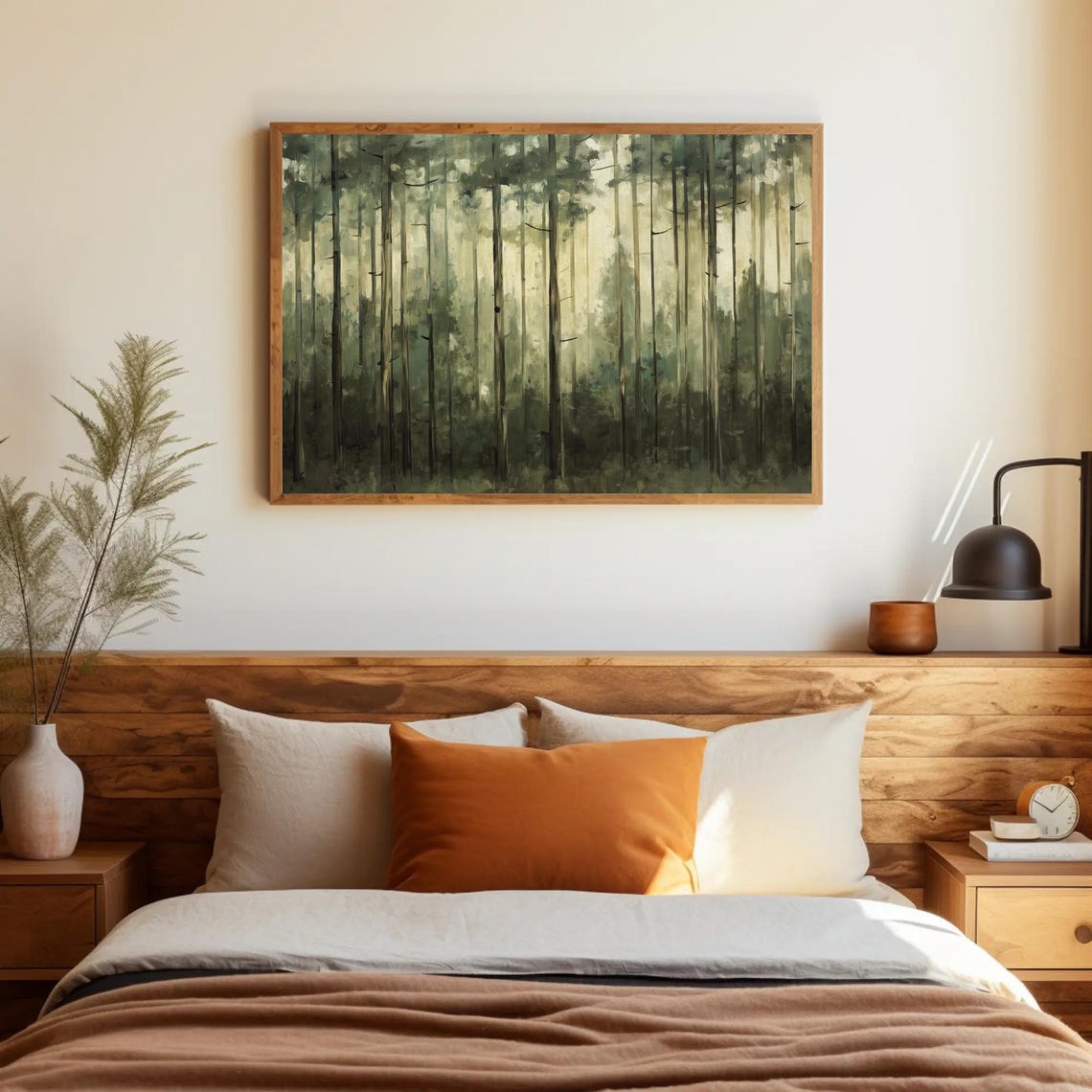 Forest Of Tall Trees Oil Painting Green And Beige Framed Print Scenic Poster Art Nature Art Ready To Hang Living Room Or Office - Image 5