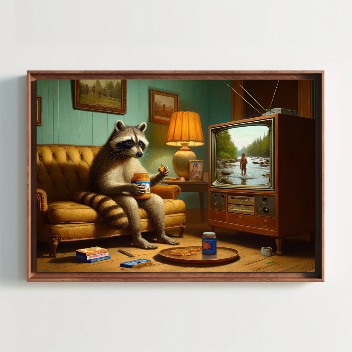 Raccoon Watching TV On Couch With Peanut Butter Jar Oil Poster