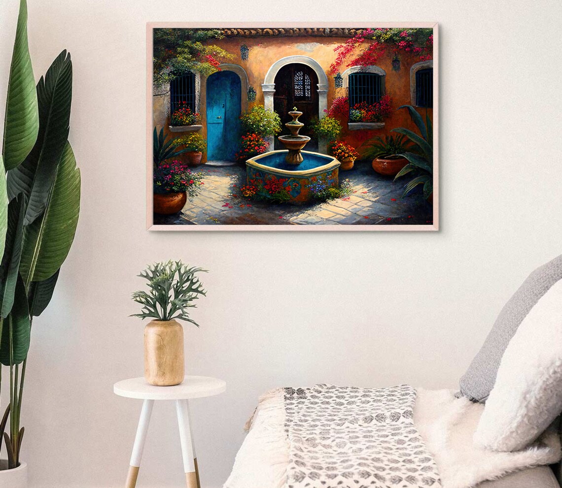 Mexican Courtyard Fountain Blue Door Bougainvillea Garden Art Poster - Image 3