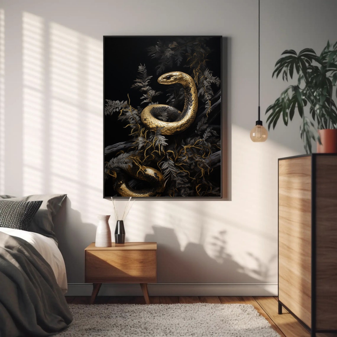 Golden Snake Coiled in Dark Ferns Dramatic Wildlife Art Poster - Image 5