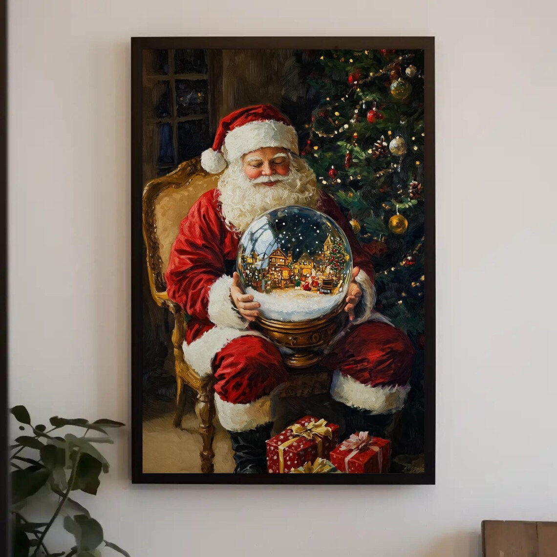 Santa Claus With A Snow Globe Village Cozy Christmas Art Poster