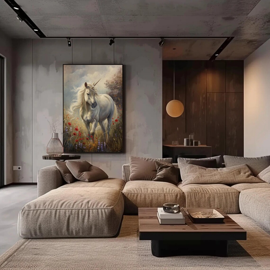 White Unicorn Walking Through Poppy Meadow Oil Painting Poster - Image 3