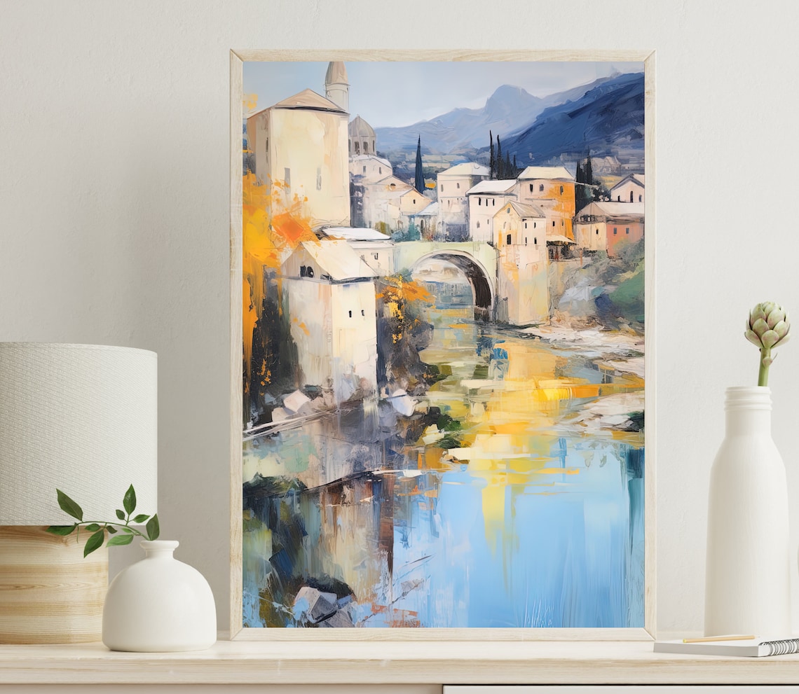 Mostar Stari Most Golden River Reflection Bosnia Travel Poster