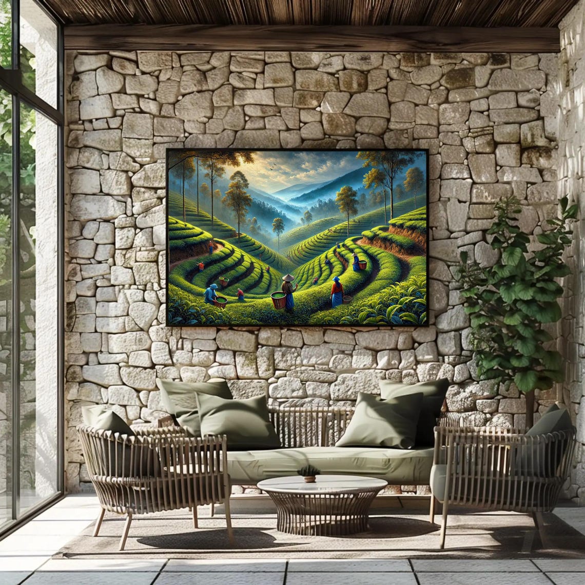Darjeeling Tea Gardens Terraced Hills Pickers Painting Poster - Image 2