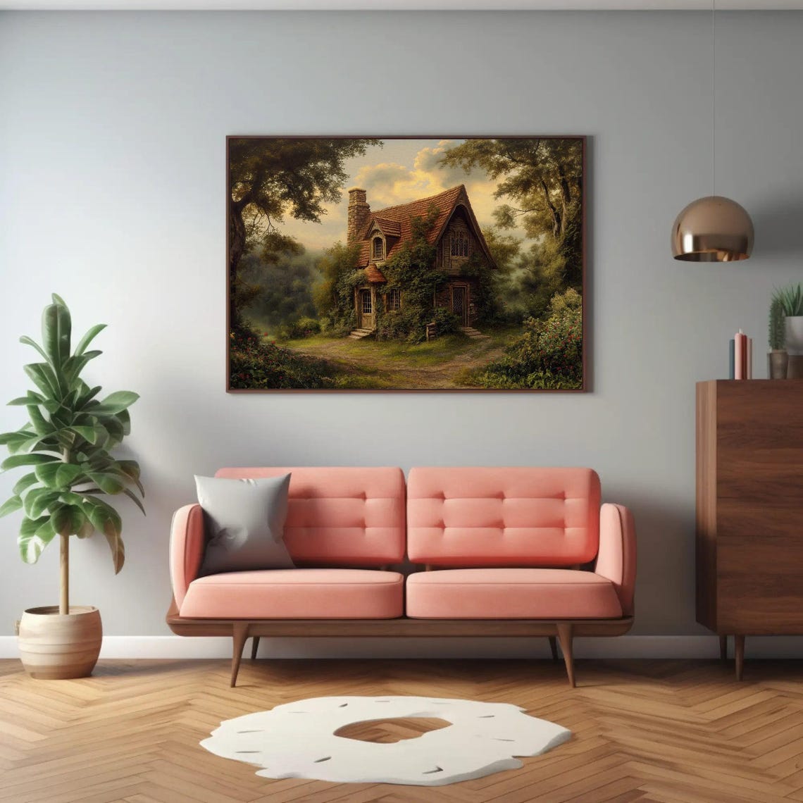 Victorian Stone Cottage in Forest at Sunset Vintage Art Poster - Image 2