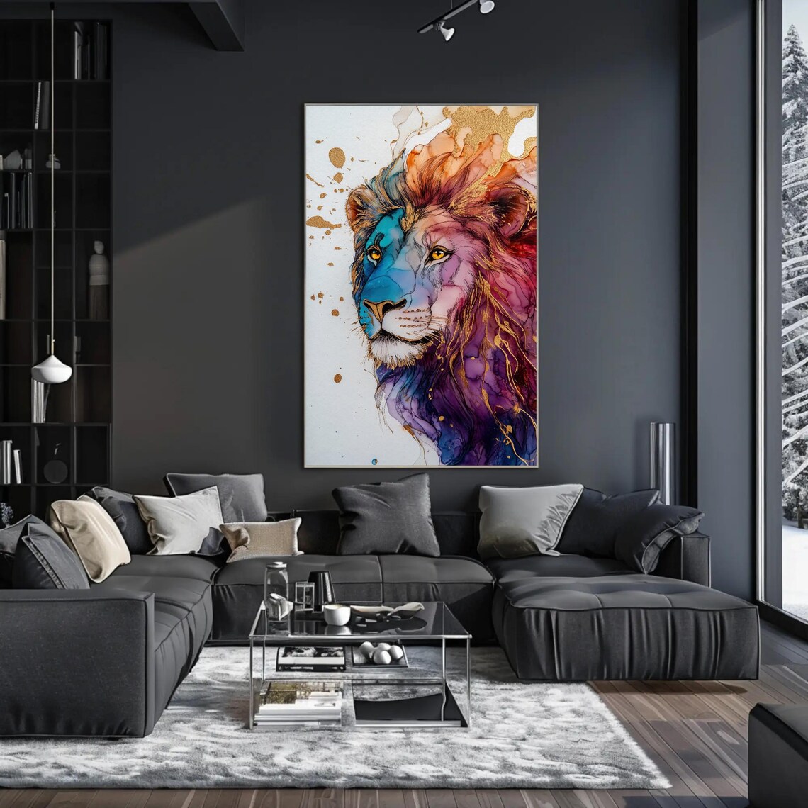 Vibrant Alcohol Ink Lion Portrait With Gold Accents Abstract Poster - Image 2
